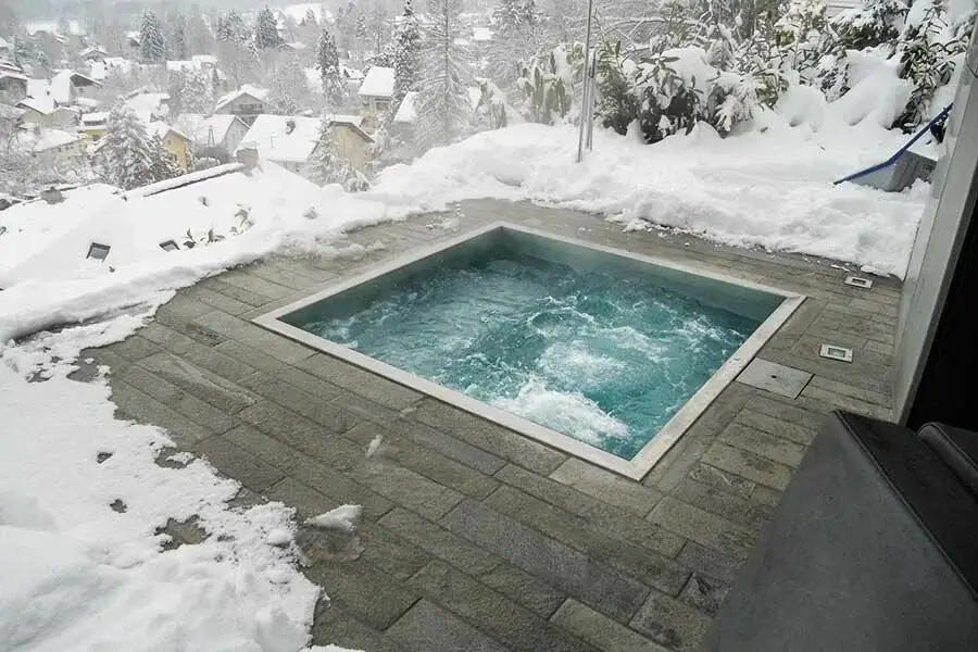 A pool covered for the winter